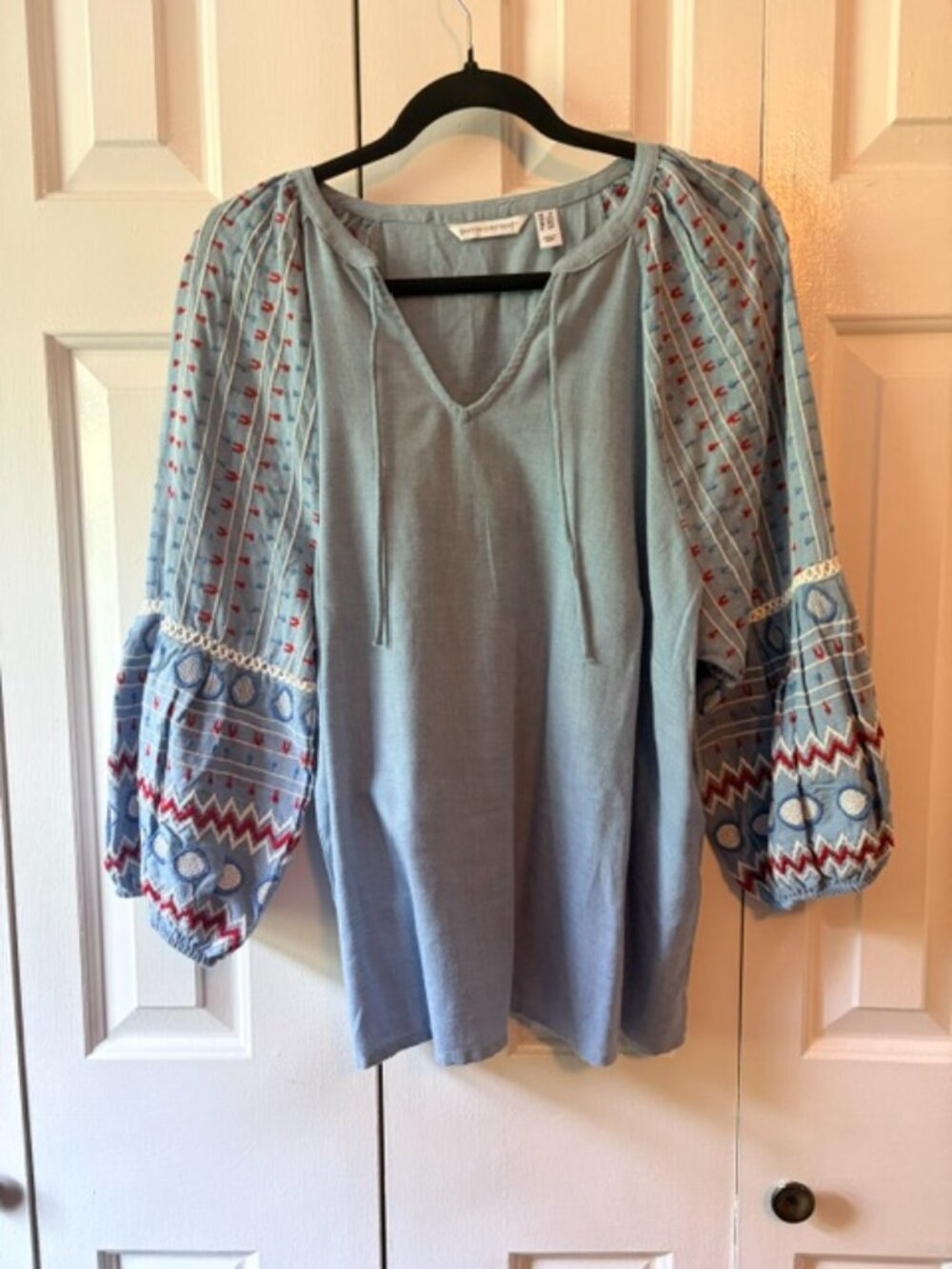Canyon Retreat Embroidered Balloon Sleeve Peasant Top Blue 1X QVC